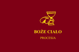 Bordowa kartka z żółtym napisem Boże Ciało
